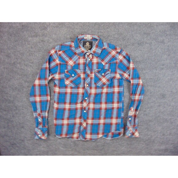 Jachs Flannel Shirt Mens Med Blue Red Plaid Western Pearl Snaps - Picture 2 of 7